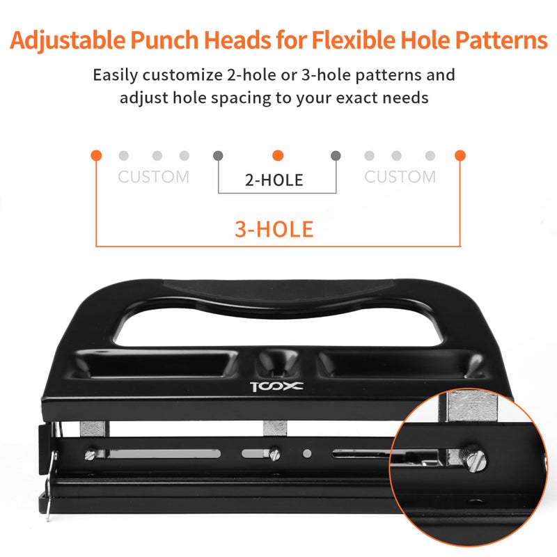XOOL 3 Hole Punch, Heavy Duty Metal Hole Puncher for 2 or 3 Holes, 9/32"" 7mm Hole Diameter, 40-Sheet Capacity, Adjustable Hole Spacing, Non-Slip Base for Office & School - Image 3